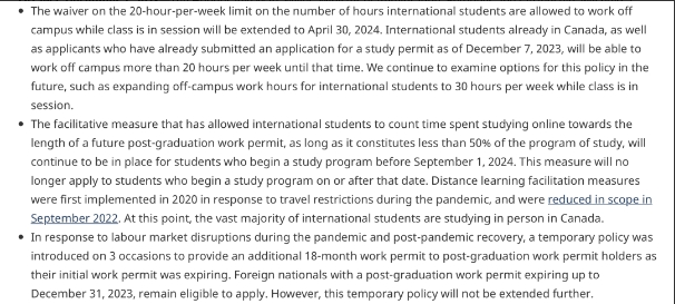 加拿大移民中介提醒留学生在加拿大上课期间可在校外工作的每周小时数限制的豁免将延长至2024年4月30日